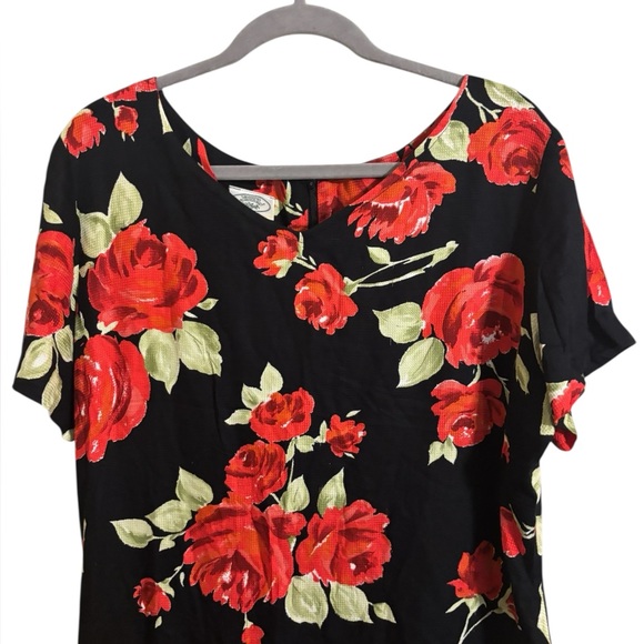 Laura Ashley Black Red Rose Shift Dress Size 14 - Picture 3 of 6